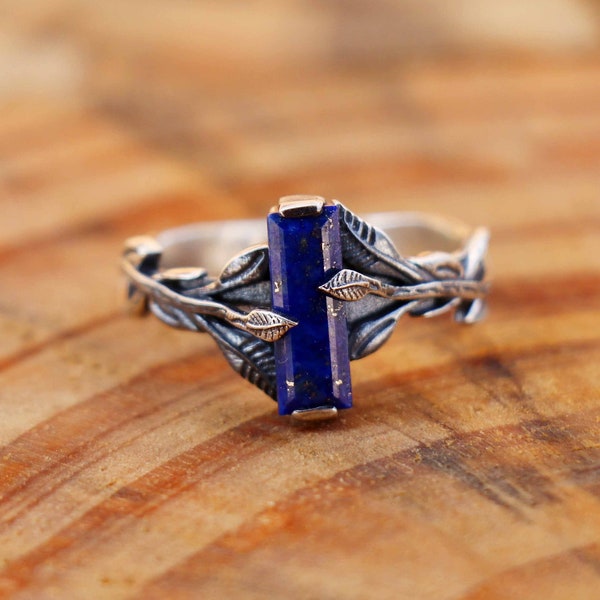 Silver Branches Ring, Lapis Lazuli Ring, Leaf Design Ring, 925 Sterling Silver Ring, Rectangle Bar Stone Handmade Tree Branch Ring, Gift Her