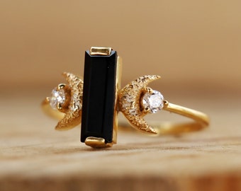 Black Onyx Crescent Moon Ring: 18k Gold Plated Sterling Silver Band, Handmade Jewelry