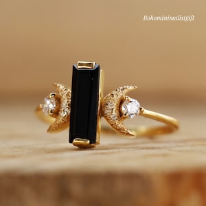 Crescent Moon Ring, Black Onyx Ring, 18k Gold Plating 925 Sterling Silver Ring, Handmade Ring, Black Stone Ring, Wedding Ring, Gift For Her