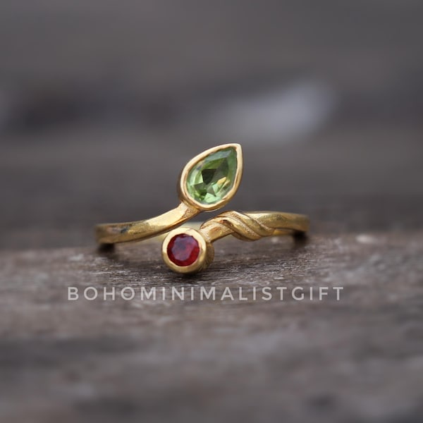 Handmade Garnet & Peridot Ring: 18k Gold Plated Sterling Silver Band, Adjustable Ring, Boho Jewelry