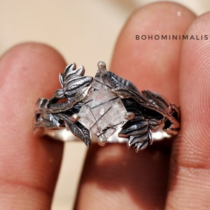 Silver Leaves Ring: Kite Cut Black Rutile, Sterling Silver