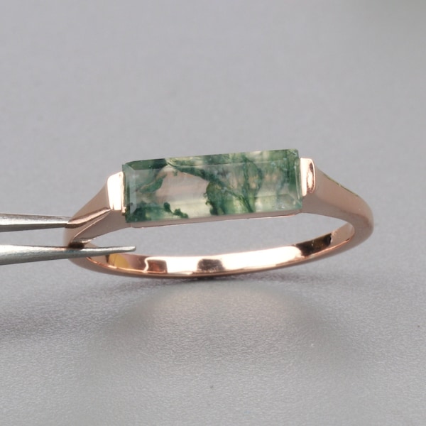 Natural Moss Agate Bar Ring, Rectangle Bar Ring, 18k Rose Gold Ring, 925 Sterling Silver Ring, Handmade Ring, Wedding Ring, Anniversary Ring