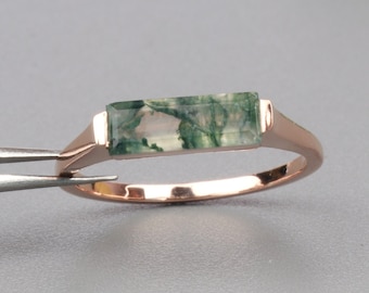 Natural Moss Agate Bar Ring, Rectangle Bar Ring, 18k Rose Gold Ring, 925 Sterling Silver Ring, Handmade Ring, Wedding Ring, Anniversary Ring