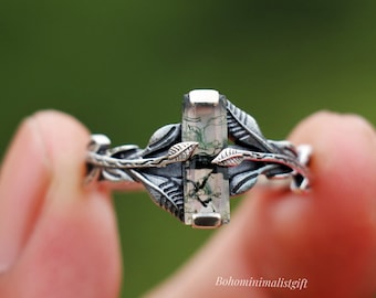 Moss Agate Leaves Ring: Emerald Cut Sterling Silver, Handmade