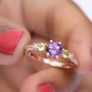 Amethyst & Peridot Ring, 18k Rose Gold Plated, 925 Sterling Silver Ring, Engagement Ring, Handmade Solitaire Ring, Wedding Jewelry, Gift Her