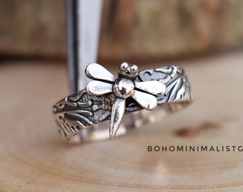 Silver Dragonfly Ring, Textured Ring, 925 Sterling Silver Ring, Handmade Ring, Bird Ring, Meditation Ring, Gift For Men/Women, Everyday Ring