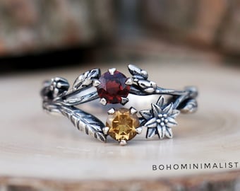 Silver Flower Ring, Citrine & Garnet Ring, Handmade 925 Sterling Silver Ring, Branches Ring, Nature Ring, Wedding Ring Birthday Gift For Her