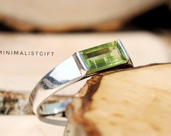 Handmade Emerald Cut Peridot Ring: 925 Sterling Silver Promise Ring