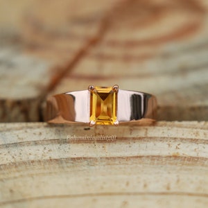 Natural Citrine Ring: Emerald Cut, 18k Rose Gold Plated 925 Sterling Silver