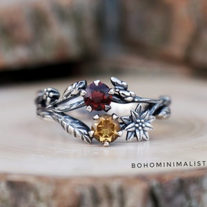 Handmade Sterling Silver Flower Ring: Citrine & Garnet Branches Ring