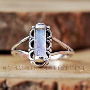Natural Moonstone 925 Sterling Silver Bar Ring, Handmade