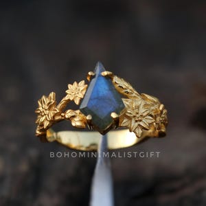 Kite Cut Labradorite Ring: 18k Gold Plated Sterling Silver Leaf Flower Branch Ring