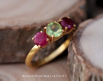 Indian Ruby & Peridot Ring, 18k Gold Plated, 925 Sterling Silver Ring, Handmade Ring, Engagement Ring, Wedding Ring, Birthday Gift For Women