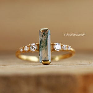 Moss Agate Baguette Bar Ring, White Topaz, 18k Gold Vermeil