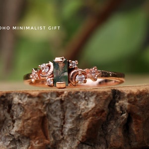 Celestial Ring, Moss Agate Ring, 18k Rose Gold Vermeil, 925 Sterling Silver, Moon And Star Ring, Women Wedding Ring, Bohemian Ring, Gift Her