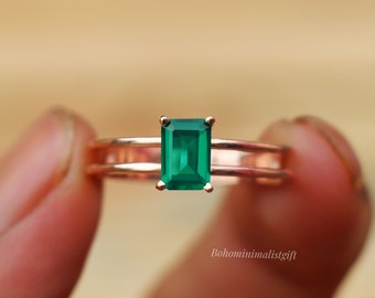 Emerald Ring, 18k Rose Gold Plated 925 Sterling Silver Ring, Handmade Ring, Wedding Ring, Birthday Ring Gift for Women, Dainty Stacking Ring