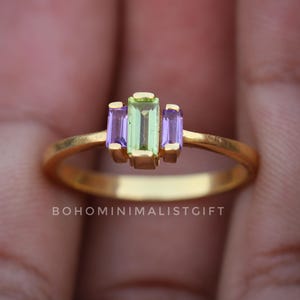 Natural Peridot & Amethyst Ring, 18k Gold Plated, 925 Sterling Silver Ring, 3 Gemstone Ring, Solitaire Ring, Engagement Ring, Gift For Women