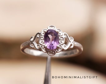 Purple Amethyst Ring, 925 Sterling Silver Ring, Handmade Ring Silver Gemstone Ring, Engagement Ring, Minimal Women Ring Wedding Gift For Her