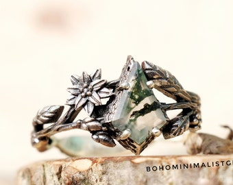 Silver Branches Ring, Moss Agate Ring, Kite Shape Ring, 925 Sterling Silver Ring, Handmade Ring, Unique Design Ring, Wedding Ring Gift Her