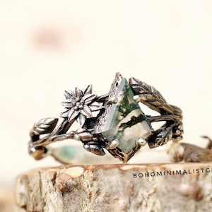 Silver Branches Ring, Moss Agate Ring, Kite Shape Ring, 925 Sterling Silver Ring, Handmade Ring, Unique Design Ring, Wedding Ring Gift Her