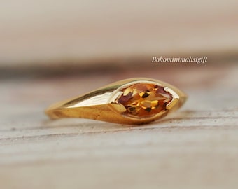 Natural Citrine Ring, Marquise Cut Band Ring, 925 Sterling Silver Ring, Engagement Ring, Anniversary Gift For Her, 18k Gold Plated Jewelry