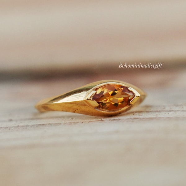 Natural Citrine Ring, Marquise Cut Band Ring, 925 Sterling Silver Ring, Engagement Ring, Anniversary Gift For Her, 18k Gold Plated Jewelry