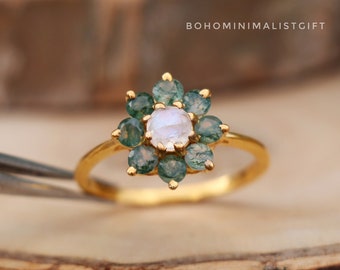 Moss Agate Ring, 18k Gold Vermeil, 925 Sterling Silver Ring, Handmade Ring, Cluster Ring, Women Wedding Ring, Moonstone Ring, Gift For Her