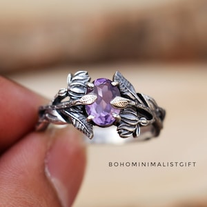 Silver Floral Ring, Amethyst Ring, 925 Sterling Silver, Handmade Nature Inspired Ring, Wedding Ring, Branch Ring, Birthday Gift For Women