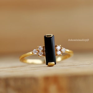 Black Onyx Ring, 18k Gold Plated Bar Gemstone Ring, Engagement Ring, 925 Sterling Silver Ring, Women Solitaire Ring, ?Birthday Gift For Her