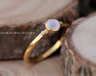 Moonstone Ring, Solitaire 18k Gold Plated Ring, 925 Sterling Silver Ring, White Rainbow Ring, Handmade Ring, Wedding Ring, Boho Gift For Her