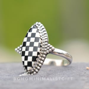 Unique Black Onyx Checkered Cabochon Ring, 925 Sterling Silver Ring, Handmade Checker Marquise Gemstone Ring, Everyday Rings, Gift For Her