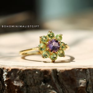 Amethyst Ring, Peridot Multi Gemstone Ring, 18K Gold Vermeil, 925 Sterling Silver Ring, Handmade Ring, Dainty Wedding Ring, Anniversary Gift