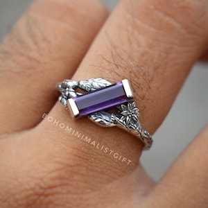 Sterling Silver Tree Branch Amethyst Ring: Nature Inspired Leaves