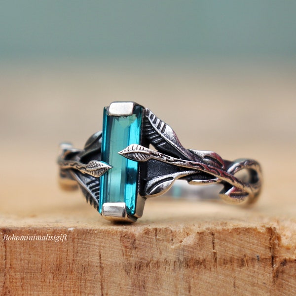 Sterling Silver Leaf Ring: Blue Hydro Topaz Gemstone, Artistic Jewelry