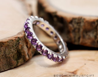 Natural Amethyst Ring, Solitaire Engagement Band, 925 Sterling Silver Ring, Handmade Ring, Multi Stone Ring, Wedding Ring, Birthday Gift Her