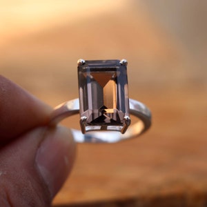 Emerald Cut Smokey Quartz Ring: Handmade 925 Sterling Silver