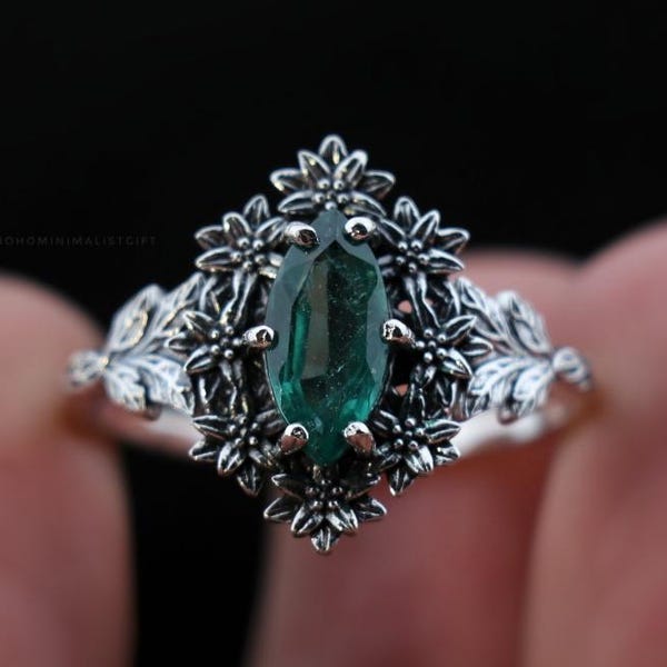 Grüner Smaragd Ring: 925 Sterling Silber Blume Blätter Band, Natur inspiriert Jubiläumsring