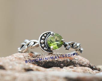 Peridot Crescent Moon Ring: Sterling Silver Branches, Green Gemstone