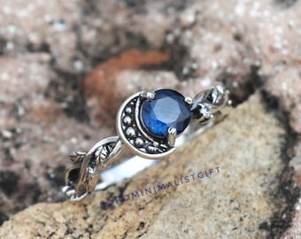 Blue Sapphire Crescent Moon Ring: Sterling Silver Branch Design Band, Minimalist Jewelry
