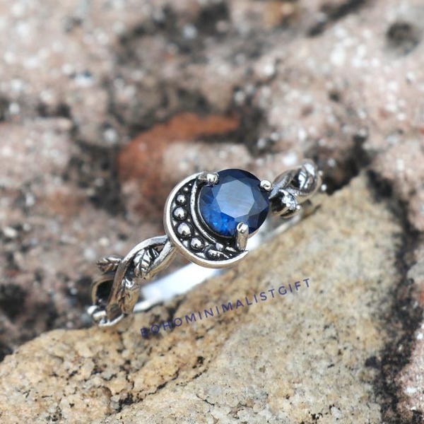 Blue Sapphire Crescent Moon Ring: Sterling Silver Branch Design Band, Minimalist Jewelry