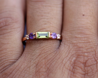 Peridot Amethyst Ring: 18k Rose Gold Sterling Silver, Handmade