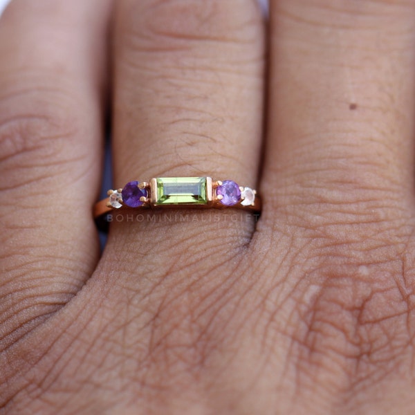 Natural Peridot And Amethyst Ring, Three Stone Solitaire Ring, 18k Rose Gold, 925 Sterling Silver Ring, Handmade Minimalist Ring, Gift Her