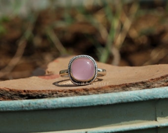 Handmade Pink Chalcedony Ring, Sterling Silver Cushion Ring