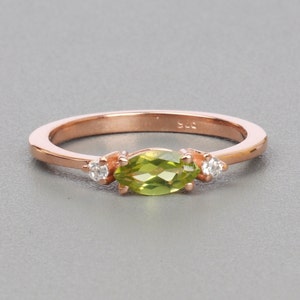 Natural Peridot Sterling Silver Ring: Rose Gold Vermeil, Dainty Stackable Ring