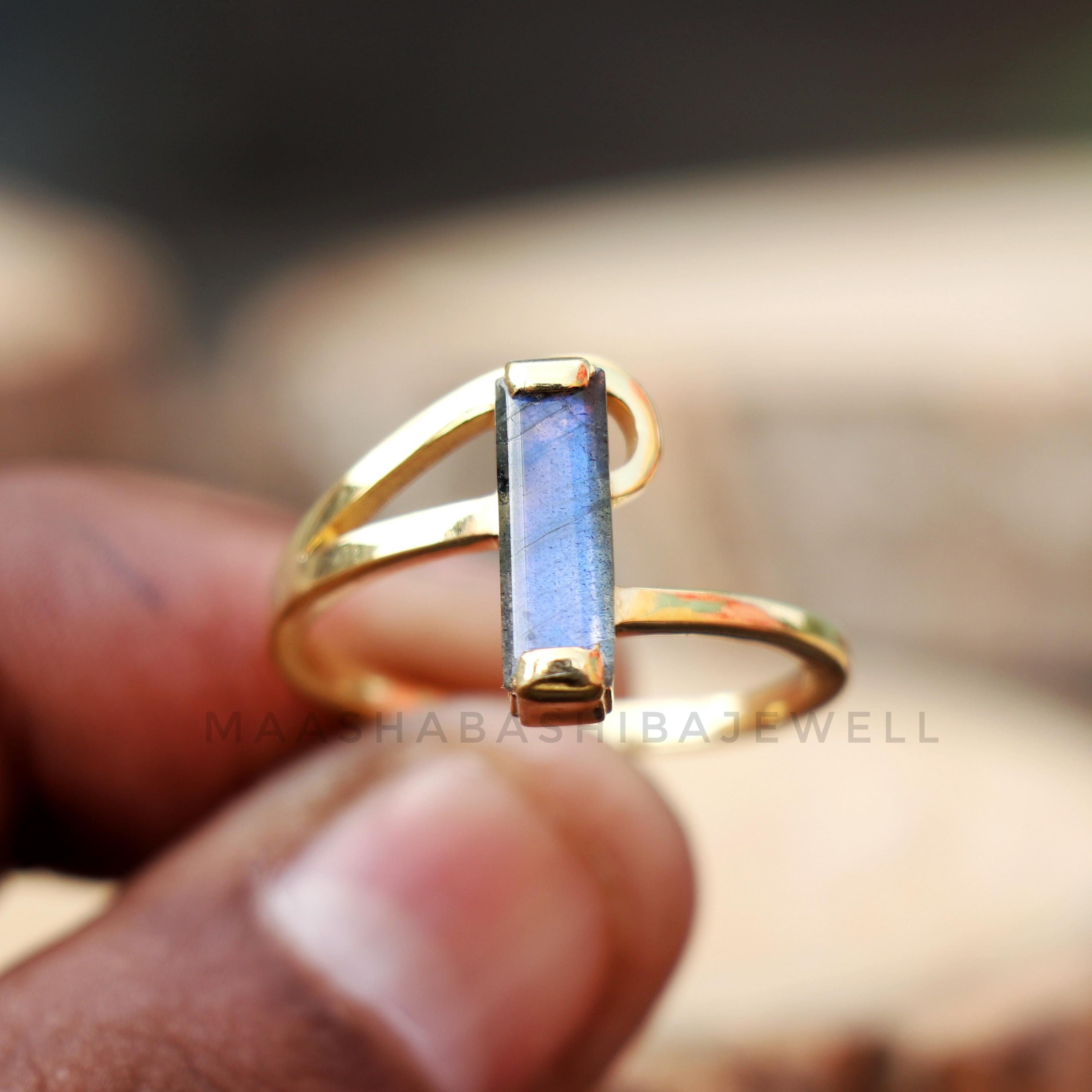 Labradorite Ring, Bar Gemstone Ring, 18k Gold Plated Sterling Silver Ring, Baguette Ring, Wedding Ring, Women Ring, Anniversary Gift For Her