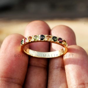 Natural Tourmaline Band Ring, Multi Gemstone Ring, 18k Gold Plated Ring, Custom listing for Aurora, Engraving ring - “I love you”