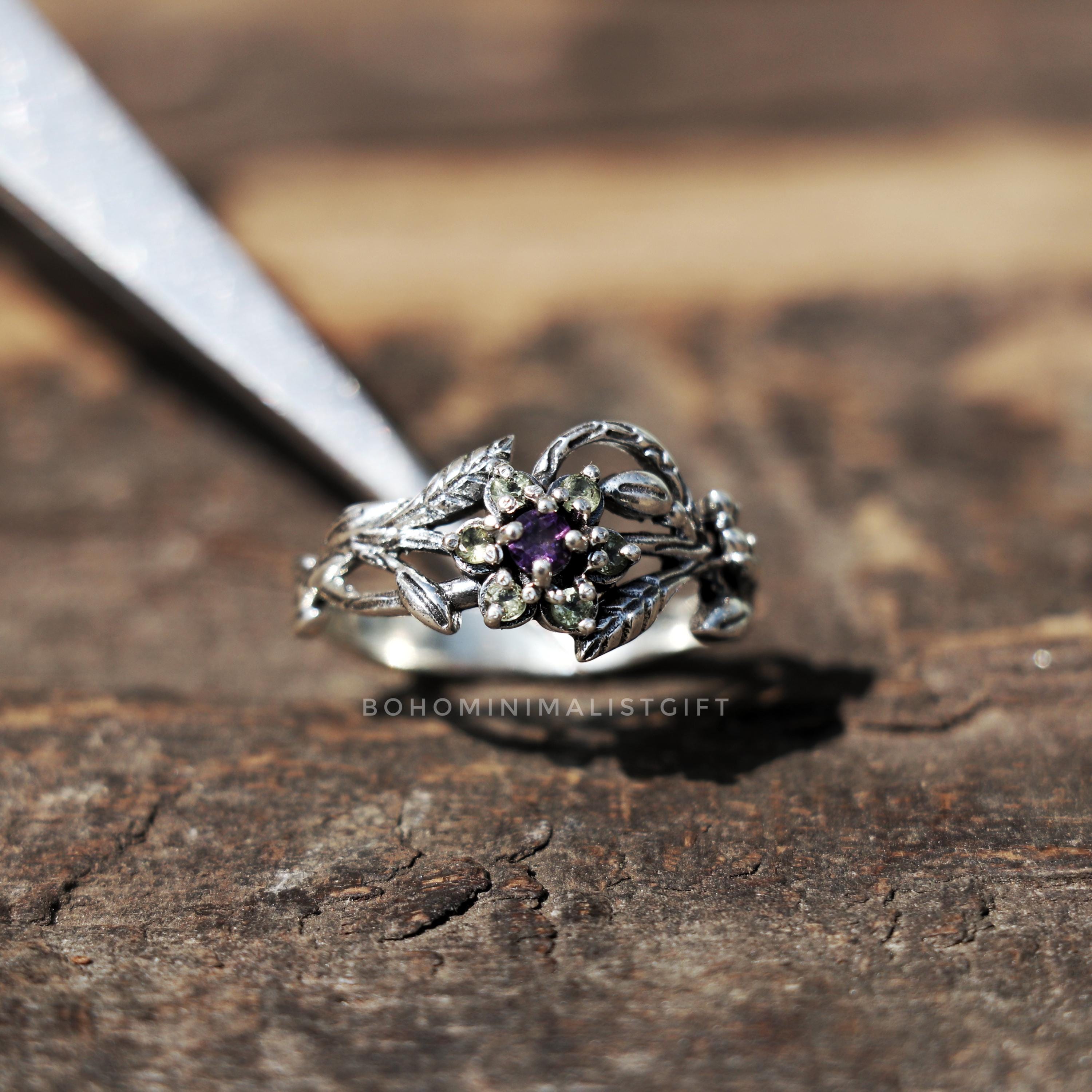 Anello Fatto A Mano In Argento Sterling Con Ametista E Peridoto E Granato