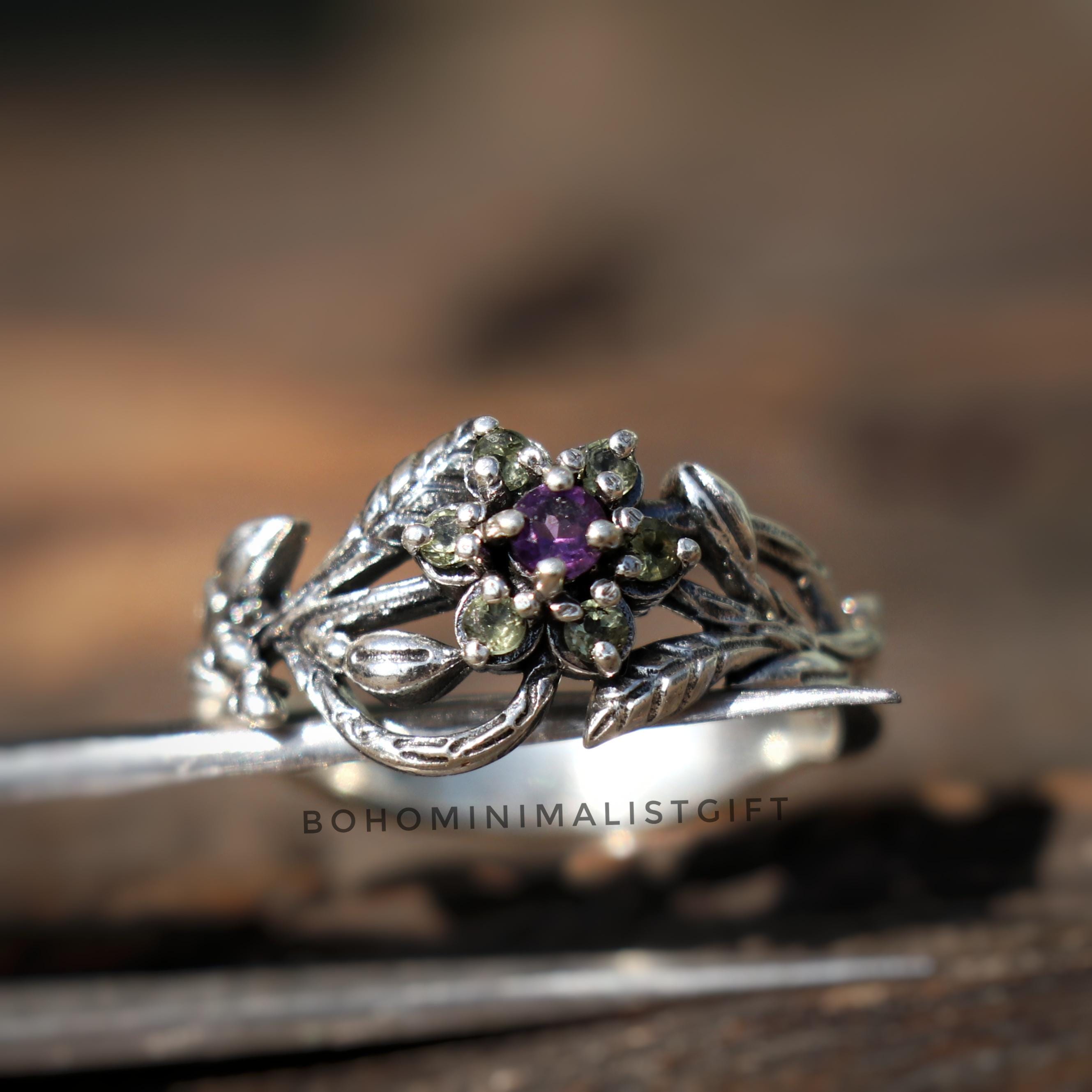 Anello Argento Placcato Con Granato Naturale E Ametista - Luckyshine, Taglie 6-10, Regalo Vacanze