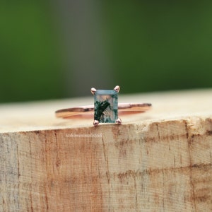 Emerald Cut Moss Agate Ring, Engagement Ring, 14k Rose Gold Vermeil, 925 Sterling Silver Ring, Dainty Promise Ring, Women Ring, Gift For Her