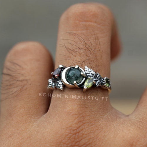 Moss Agate Crescent Moon Ring, Sterling Silver Leaves Band, Handmade Boho Jewelry